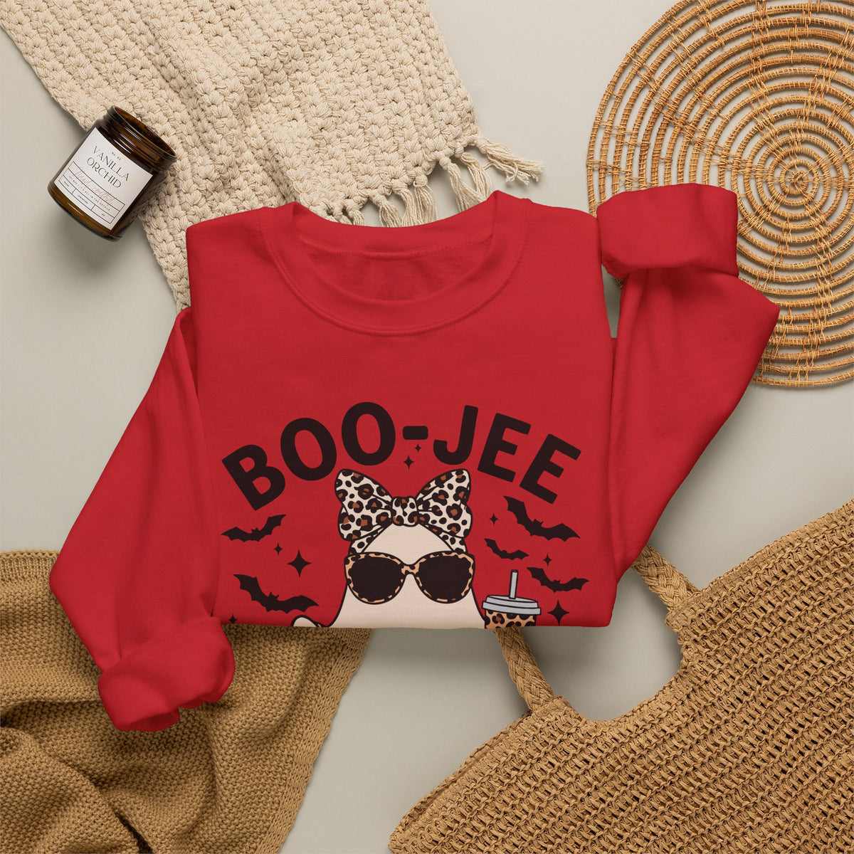 Sweatshirt - 'Boo-Jeé' Leopard Ghost Graphic Crewneck | Cute Halloween Fashion Tee Gift