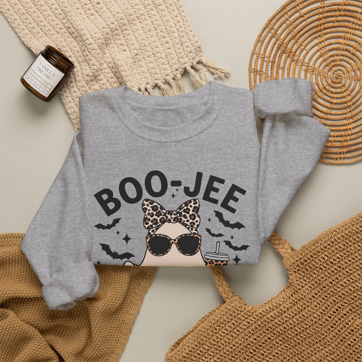 Sweatshirt - 'Boo-Jeé' Leopard Ghost Graphic Crewneck | Cute Halloween Fashion Tee Gift