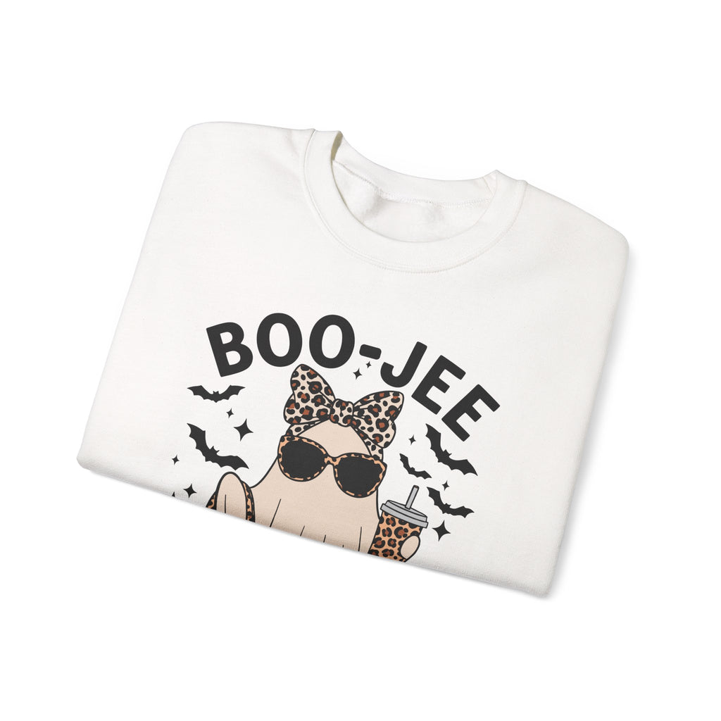 Sweatshirt - 'Boo-Jeé' Leopard Ghost Graphic Crewneck | Cute Halloween Fashion Tee Gift