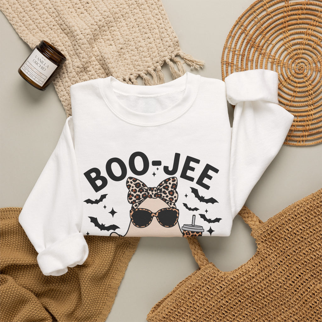 Sweatshirt - 'Boo-Jeé' Leopard Ghost Graphic Crewneck | Cute Halloween Fashion Tee Gift