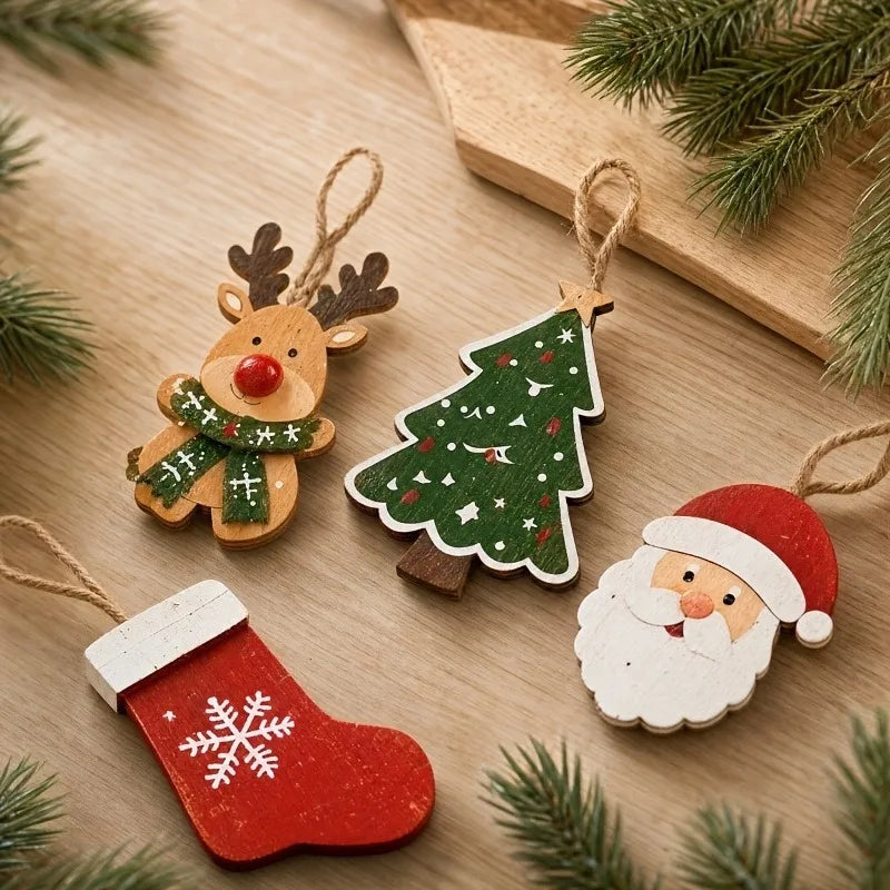 10 pieces Christmas wood decoration, Santa Claus, reindeer, Christmas tree, stars, etc., winter/Christmas house party decoration