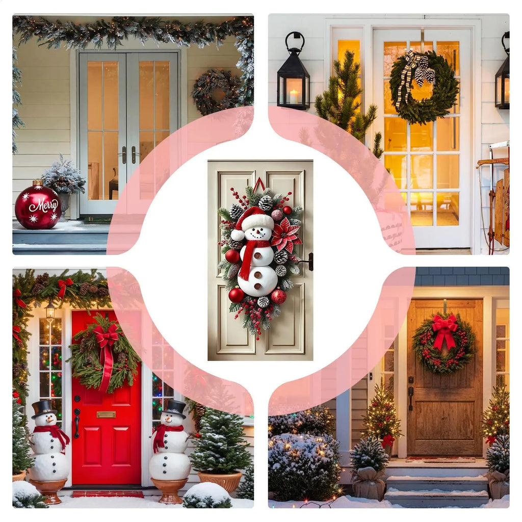 2026 Christmas Home Decorations Winter Snowman Christmas Wreath Door Decoration Hanging Door Banner Cute Outdoor Backdrop Christ
