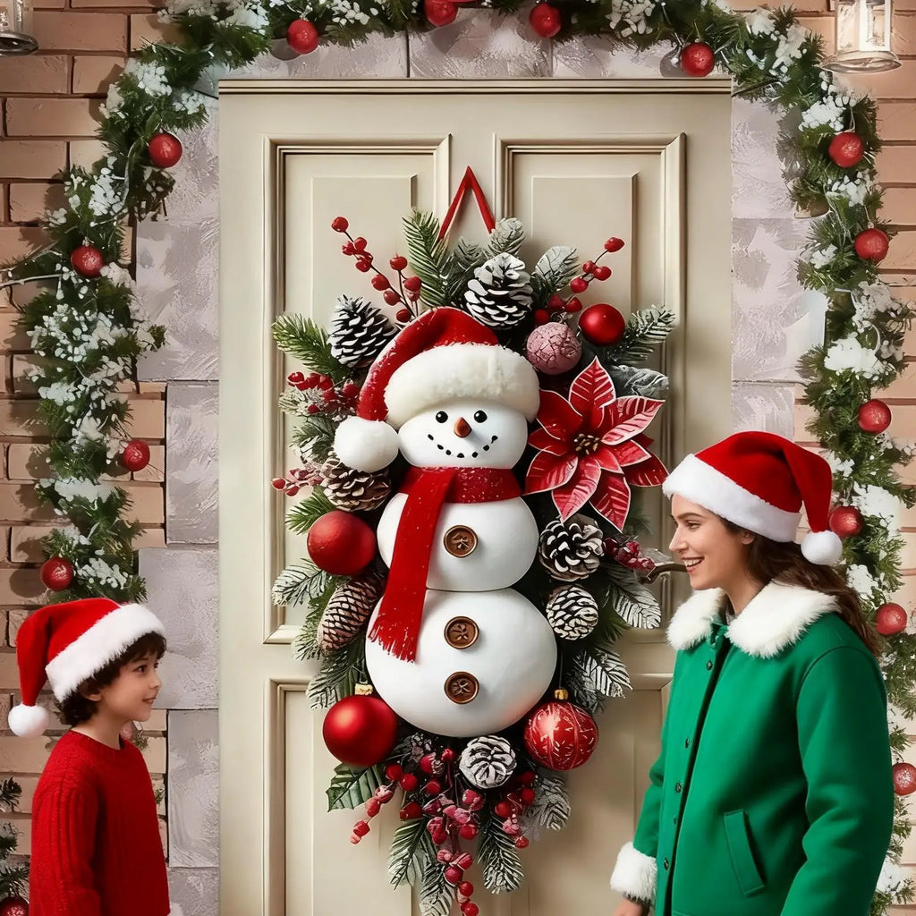 2026 Christmas Home Decorations Winter Snowman Christmas Wreath Door Decoration Hanging Door Banner Cute Outdoor Backdrop Christ