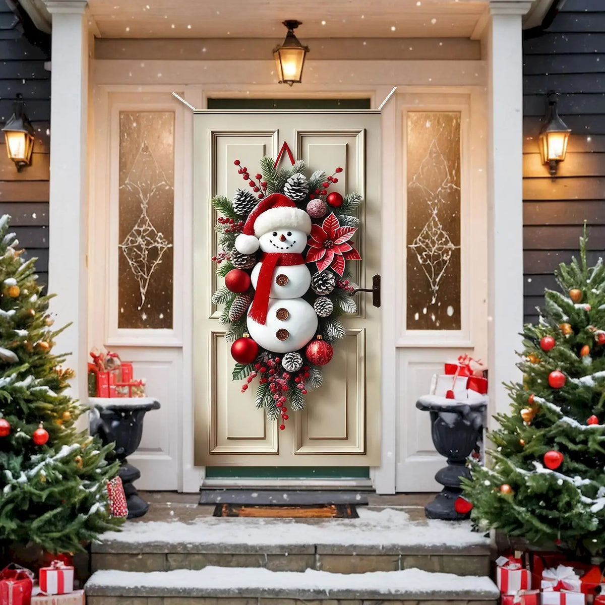 2026 Christmas Home Decorations Winter Snowman Christmas Wreath Door Decoration Hanging Door Banner Cute Outdoor Backdrop Christ